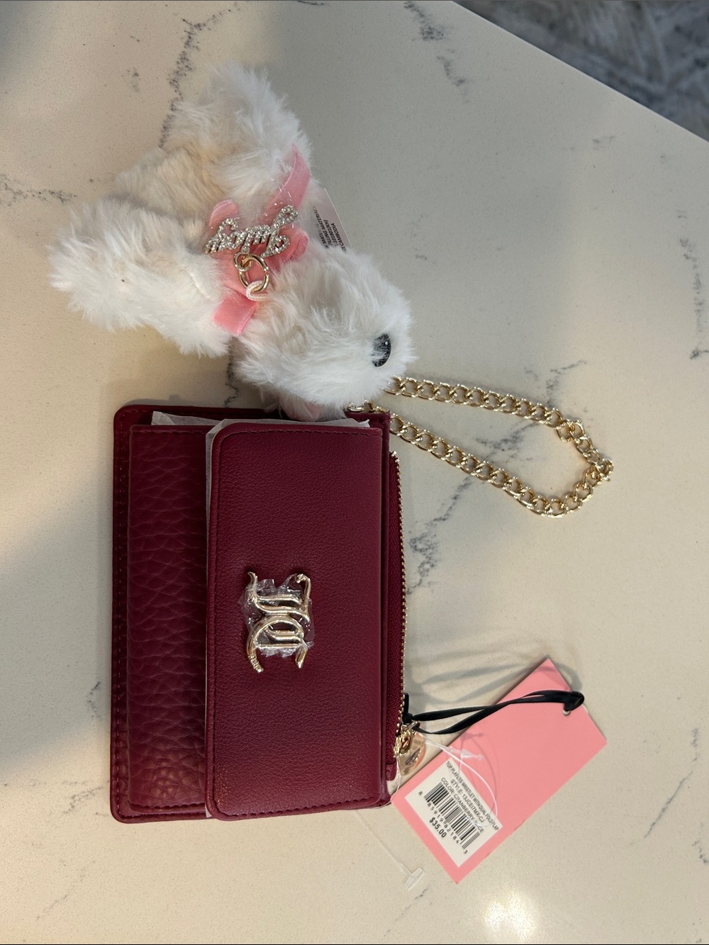 Juicy Couture Burgundy Wallet with Fuzzy Plush Charm with Juicy Tag